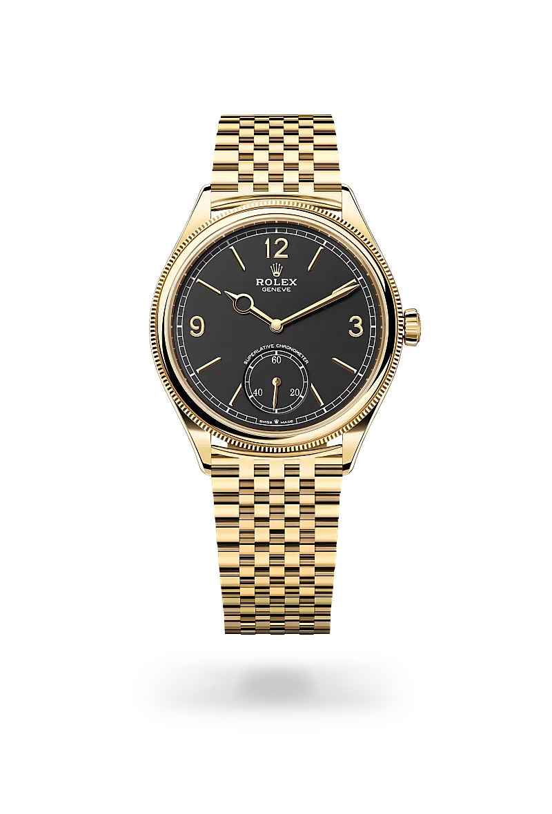 Rolex 1908 in 18 ct yellow gold with a Intense black dial, Domed and fluted bezel, Settimo, seven-piece solid links bracelet
