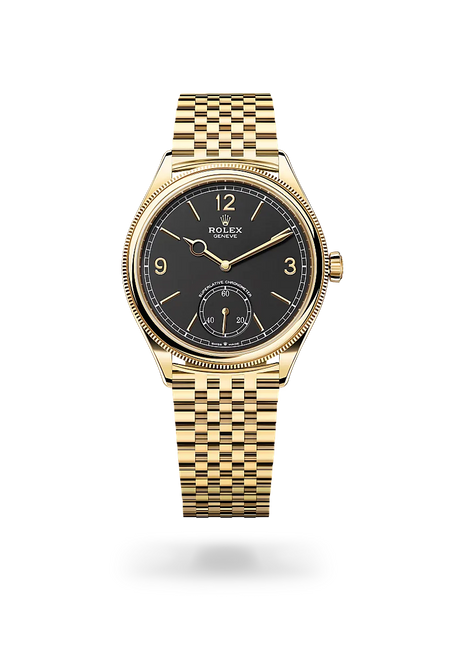 Rolex 1908 in 18 ct yellow gold with a Intense black dial, Domed and fluted bezel, Settimo, seven-piece solid links bracelet