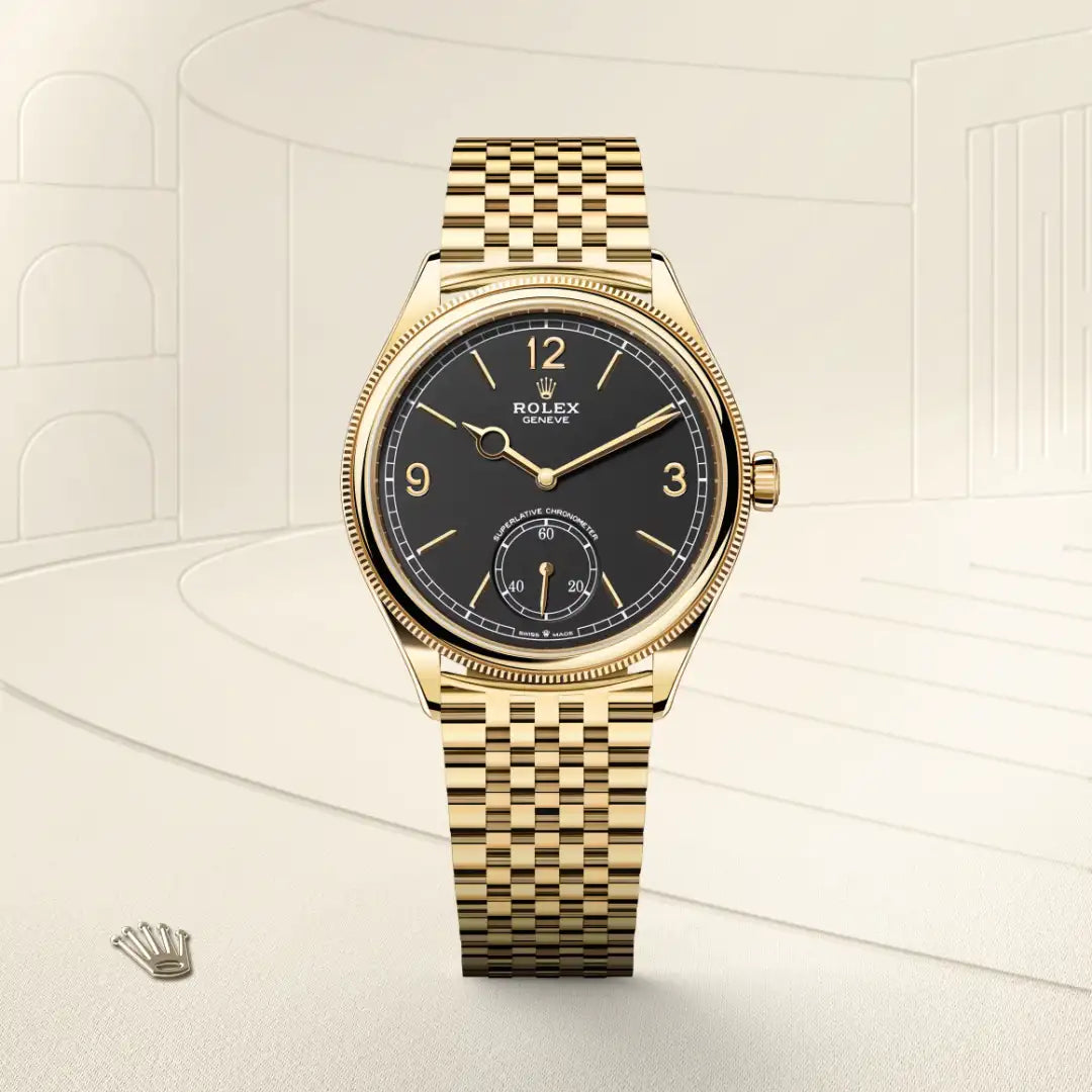 Rolex 1908 in 18 ct yellow gold with a Intense black dial, Domed and fluted bezel, Settimo, seven-piece solid links bracelet