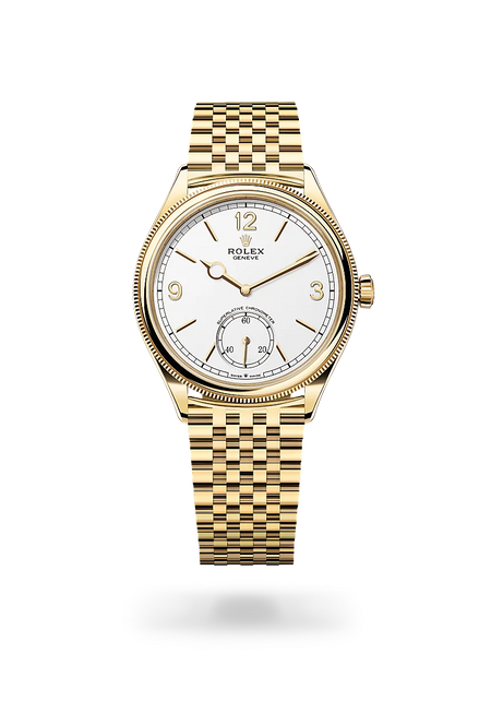 Rolex 1908 in 18 ct yellow gold with a Intense white dial, Domed and fluted bezel, Settimo, seven-piece solid links bracelet