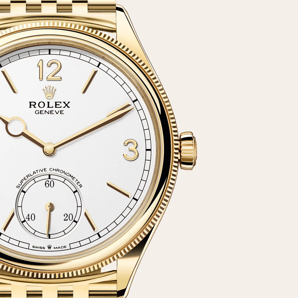 Rolex 1908 in 18 ct yellow gold with a Intense white dial, Domed and fluted bezel, Settimo, seven-piece solid links bracelet