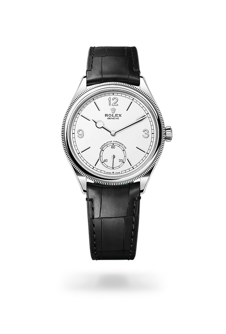 Rolex 1908 in 18 ct white gold with a Intense white dial, Domed and fluted bezel, Leather strap bracelet