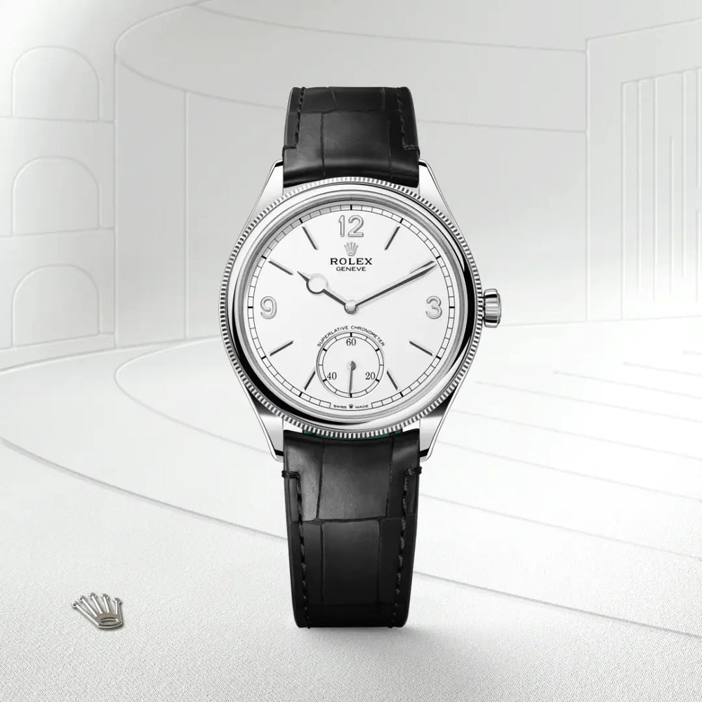 Rolex 1908 in 18 ct white gold with a Intense white dial, Domed and fluted bezel, Leather strap bracelet