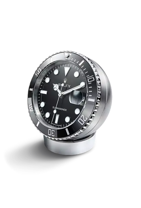 Rolex Submariner Date Desk Clock in Stainless steel with a Black lacquer dial, Fixed 60-minute graduated, scratch-resistant Cerachrom insert in black ceramic bezel