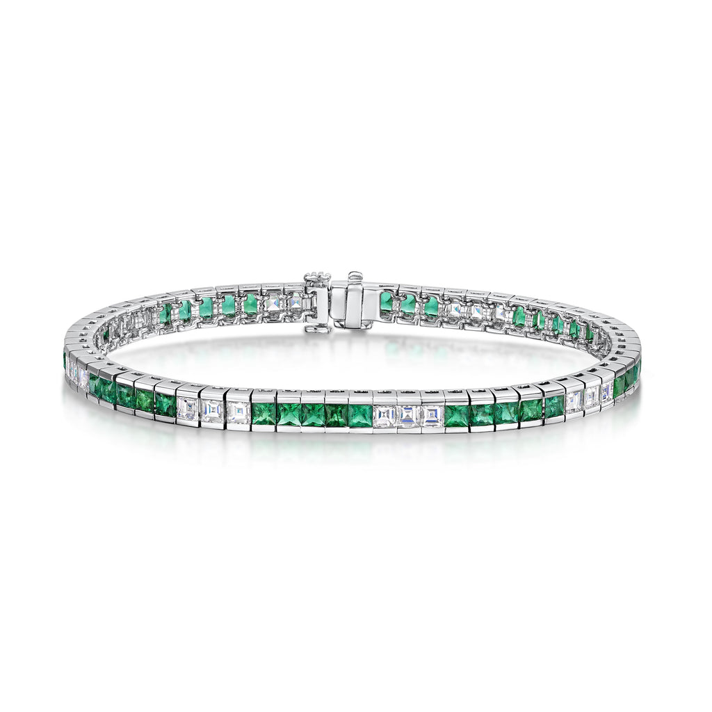 18ct White Gold Square-Cut Emerald Princess-Cut Diamond Tennis Brace